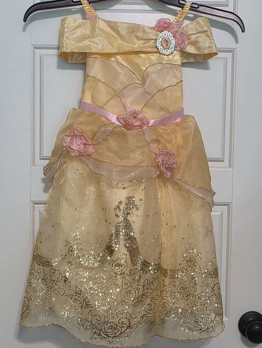 Disney Store Girls Belle Costume Dress Size XXS 2/3 Beauty & The Beast Gold EUC